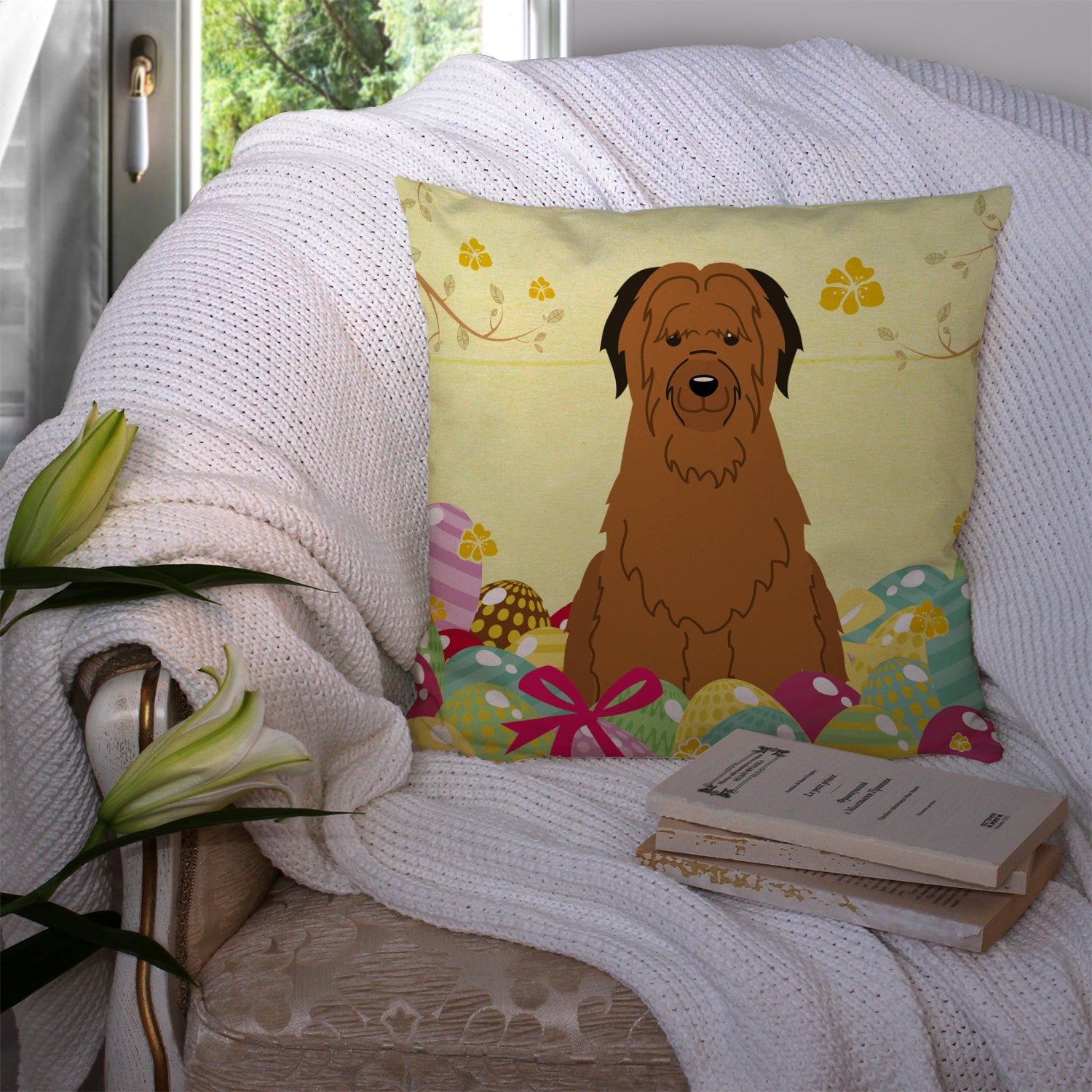 Easter Eggs Briard Brown Decorative Throw Pillow 14x14 Indoor Outdoor Accent Cushion, Fabric Cover with Insert for Sofa, Bed, Porch & Living Room