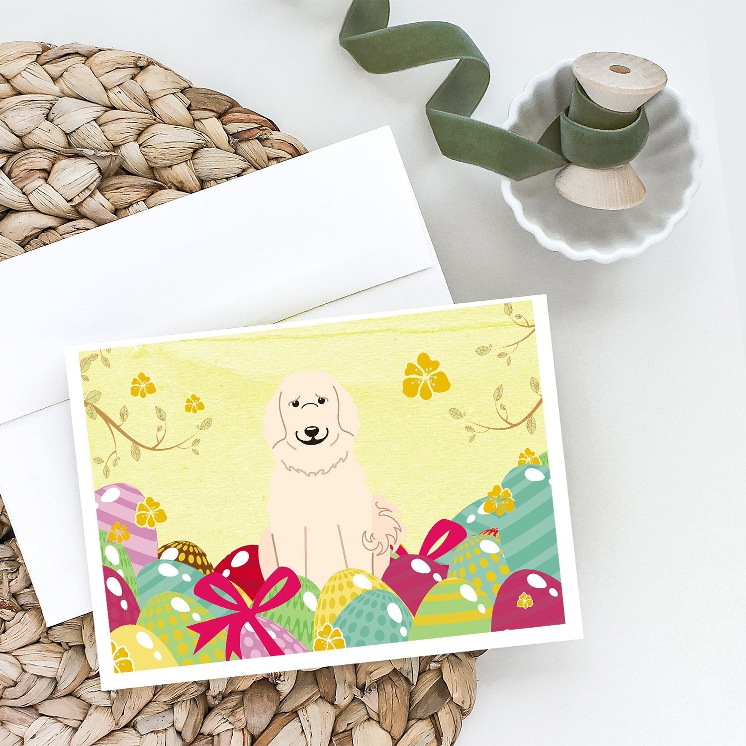 Easter Eggs Great Pyrenese Greeting Cards Pack of 8 Blank Cards with Envelopes Whimsical A7 Size 5x7