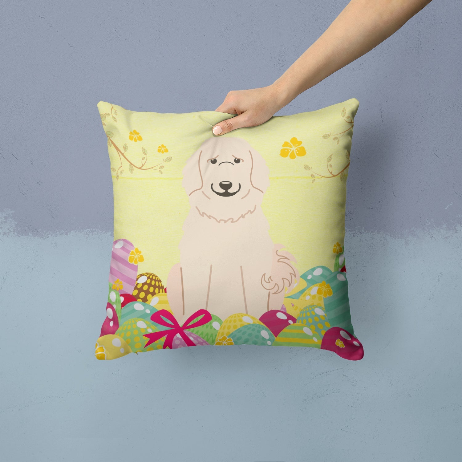 Easter Eggs Great Pyrenese Decorative Throw Pillow 14x14 Indoor Outdoor Accent Cushion, Fabric Cover with Insert for Sofa, Bed, Porch & Living Room