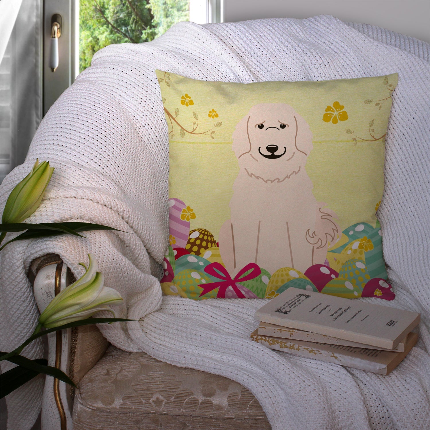 Easter Eggs Great Pyrenese Decorative Throw Pillow 14x14 Indoor Outdoor Accent Cushion, Fabric Cover with Insert for Sofa, Bed, Porch & Living Room