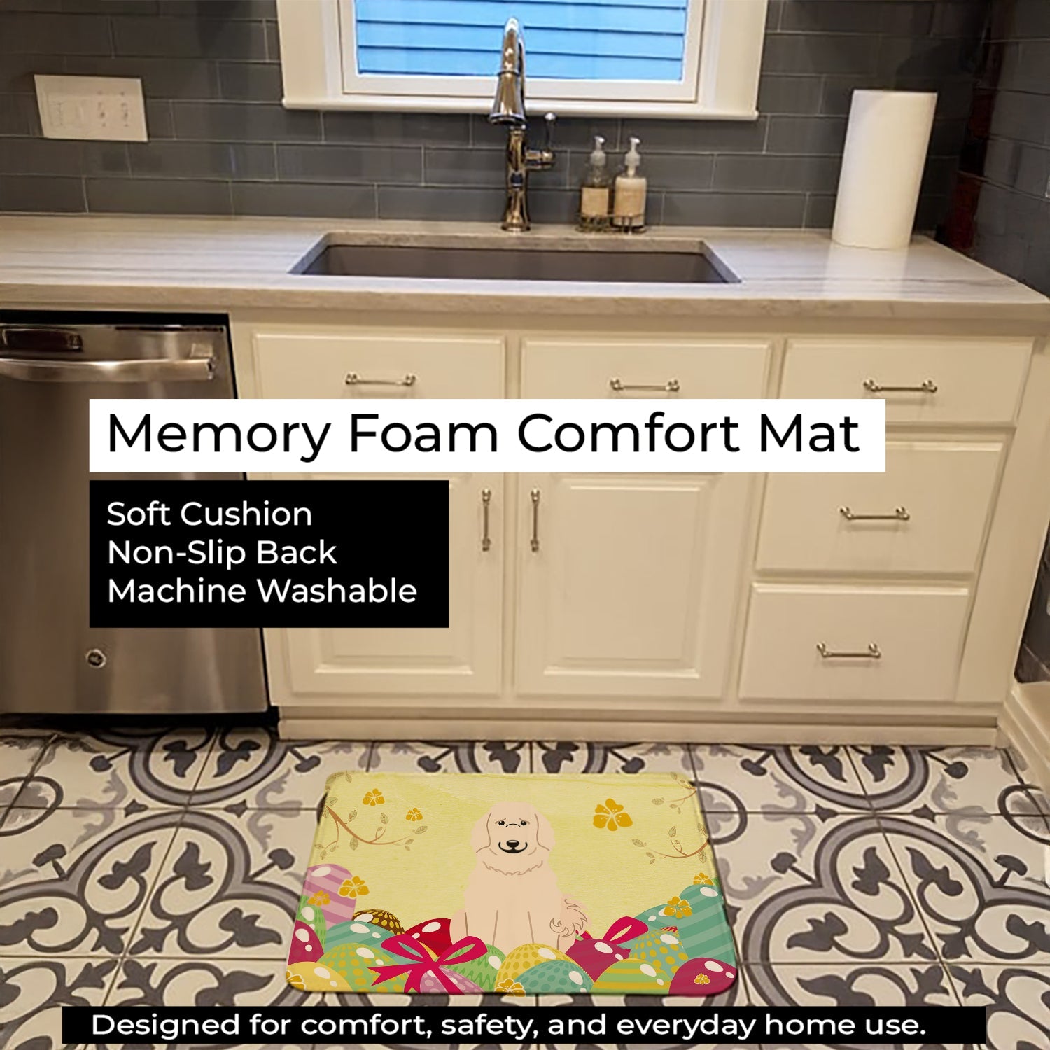 Easter Eggs Great Pyrenese Memory Foam Kitchen Mat Machine Washable Anti-Fatigue Cushion Comfort Bath or Kitchen Rug