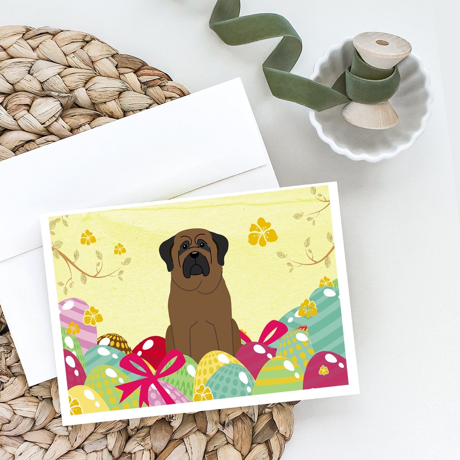 Easter Eggs Bullmastiff Greeting Cards Pack of 8 Blank Cards with Envelopes Whimsical A7 Size 5x7
