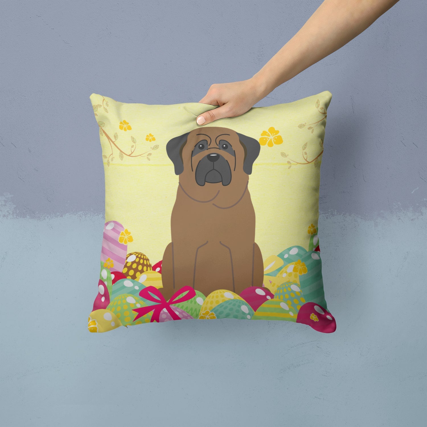 Easter Eggs Bullmastiff Decorative Throw Pillow 14x14 Indoor Outdoor Accent Cushion, Fabric Cover with Insert for Sofa, Bed, Porch & Living Room