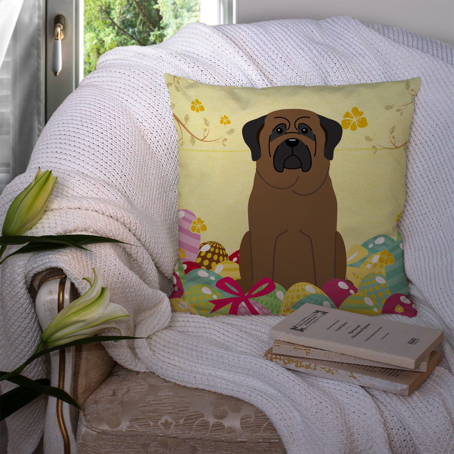 Easter Eggs Bullmastiff Decorative Throw Pillow 14x14 Indoor Outdoor Accent Cushion, Fabric Cover with Insert for Sofa, Bed, Porch & Living Room