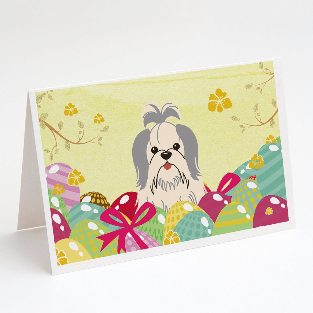 Easter Eggs Shih Tzu Silver White Greeting Cards Pack of 8 Blank Cards with Envelopes Whimsical A7 Size 5x7