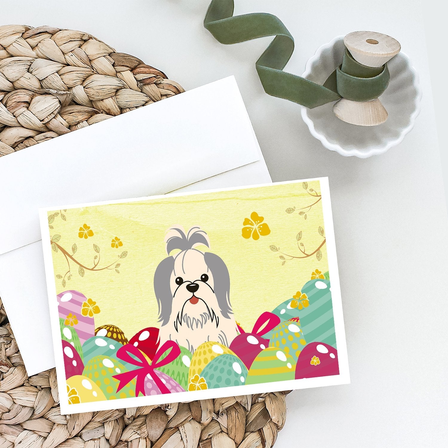 Easter Eggs Shih Tzu Silver White Greeting Cards Pack of 8 Blank Cards with Envelopes Whimsical A7 Size 5x7