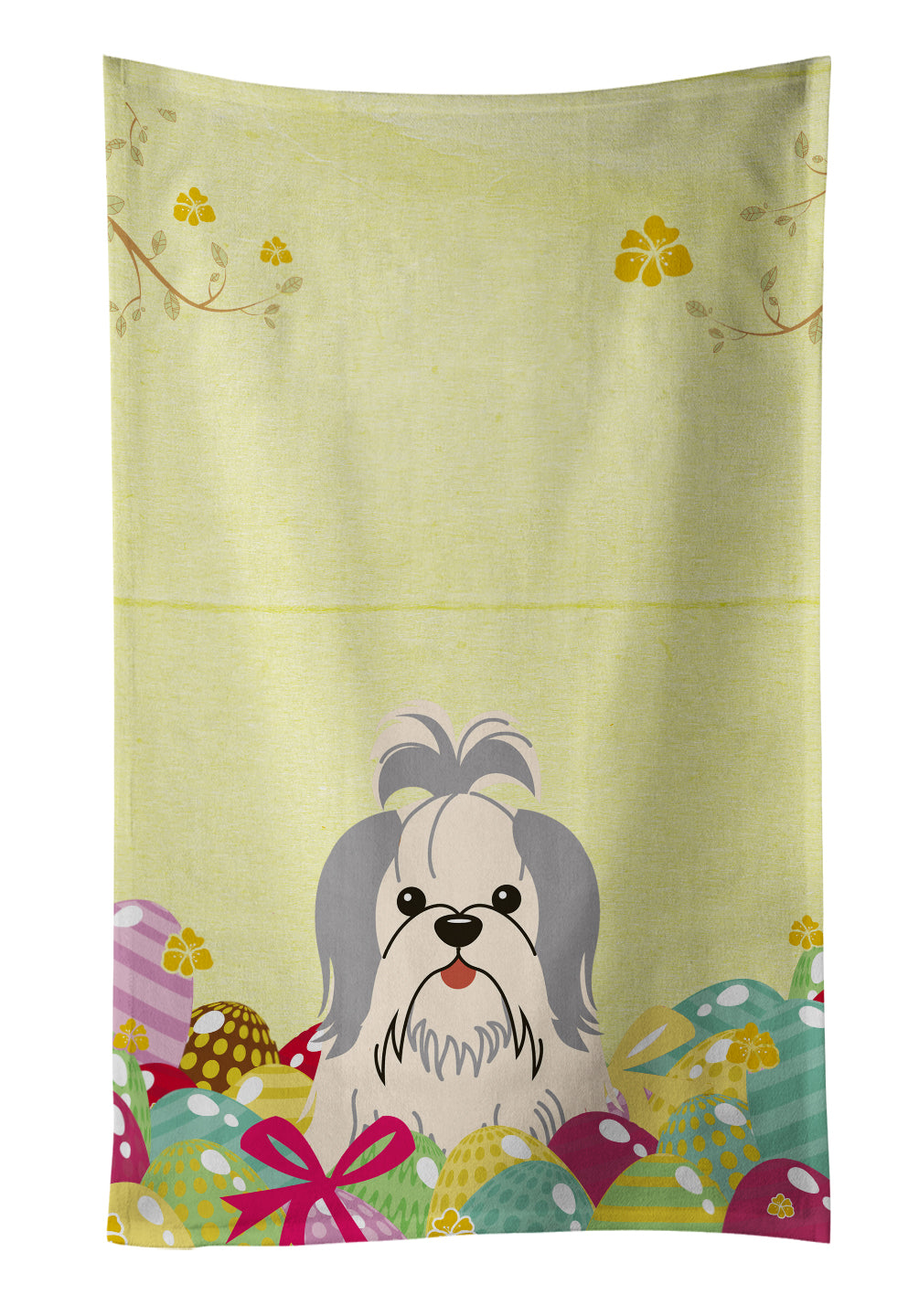 Easter Eggs Shih Tzu Silver White Kitchen Towel Velour Plush Front and Cotton Loop Back Machine Washable