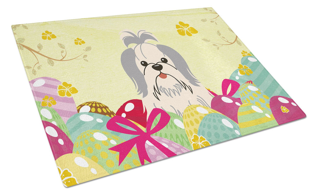 Easter Eggs Shih Tzu Silver White Cutting Board Tempered Glass Kitchen Cutting Surface, Heat Resistant Chopping, Non-Slip Feet, Food Prep & Serving