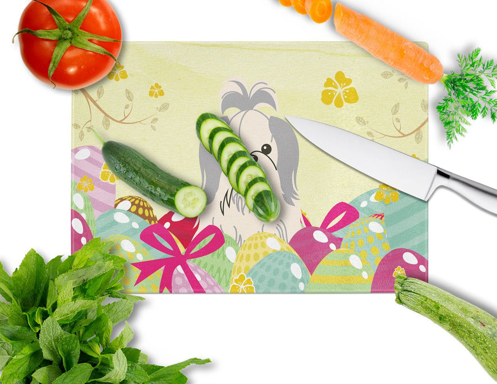 Easter Eggs Shih Tzu Silver White Cutting Board Tempered Glass Kitchen Cutting Surface, Heat Resistant Chopping, Non-Slip Feet, Food Prep & Serving