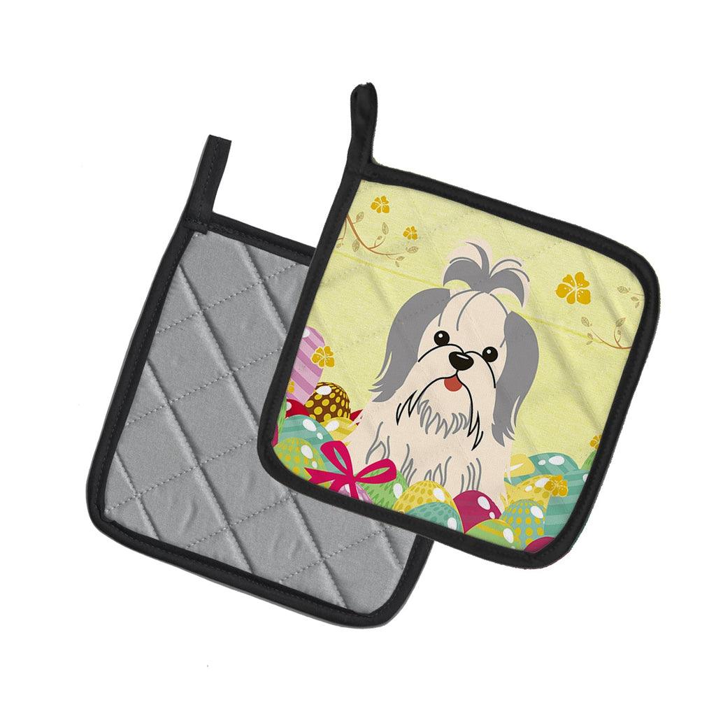 Easter Eggs Shih Tzu Silver White Pot Holder Set of 2 Heat Resistant Quilted Hot Pads 7.5 x 7.5 Inch, Insulated Kitchen Trivets for Cooking & Baking