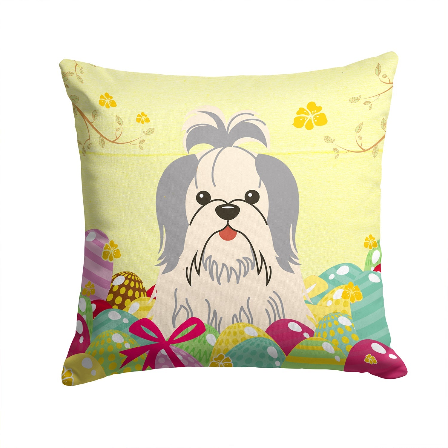 Easter Eggs Shih Tzu Silver White Decorative Throw Pillow 14x14 Indoor Outdoor Accent Cushion, Fabric Cover with Insert for Sofa, Bed, Porch & Living Room