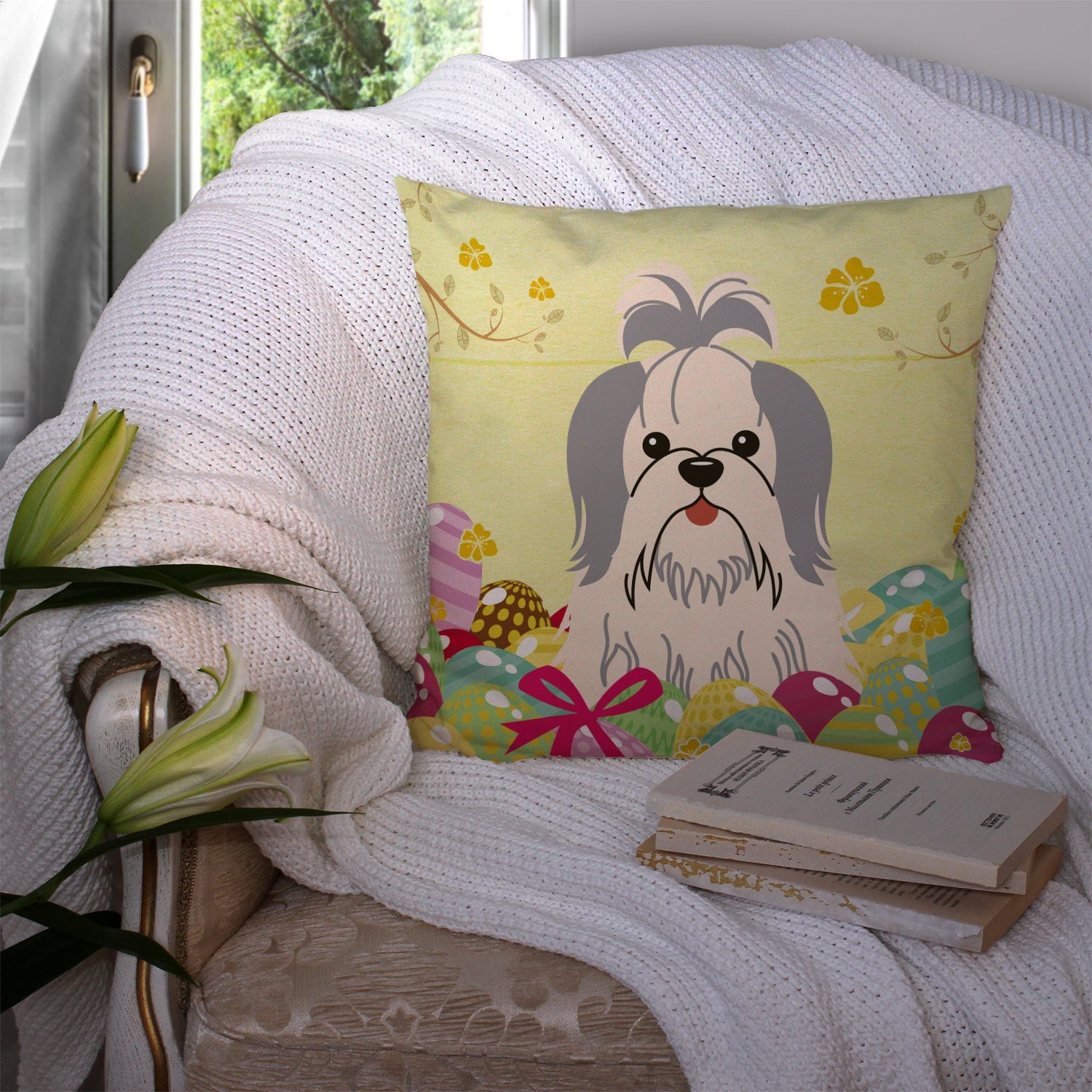Easter Eggs Shih Tzu Silver White Decorative Throw Pillow 14x14 Indoor Outdoor Accent Cushion, Fabric Cover with Insert for Sofa, Bed, Porch & Living Room
