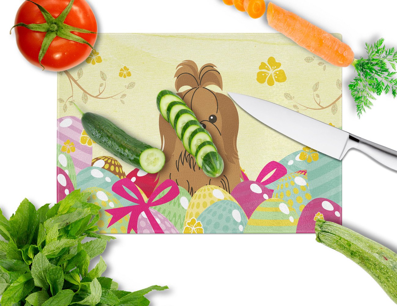 Easter Eggs Shih Tzu Silver Chocolate Cutting Board Tempered Glass Kitchen Cutting Surface, Heat Resistant Chopping, Non-Slip Feet, Food Prep & Serving