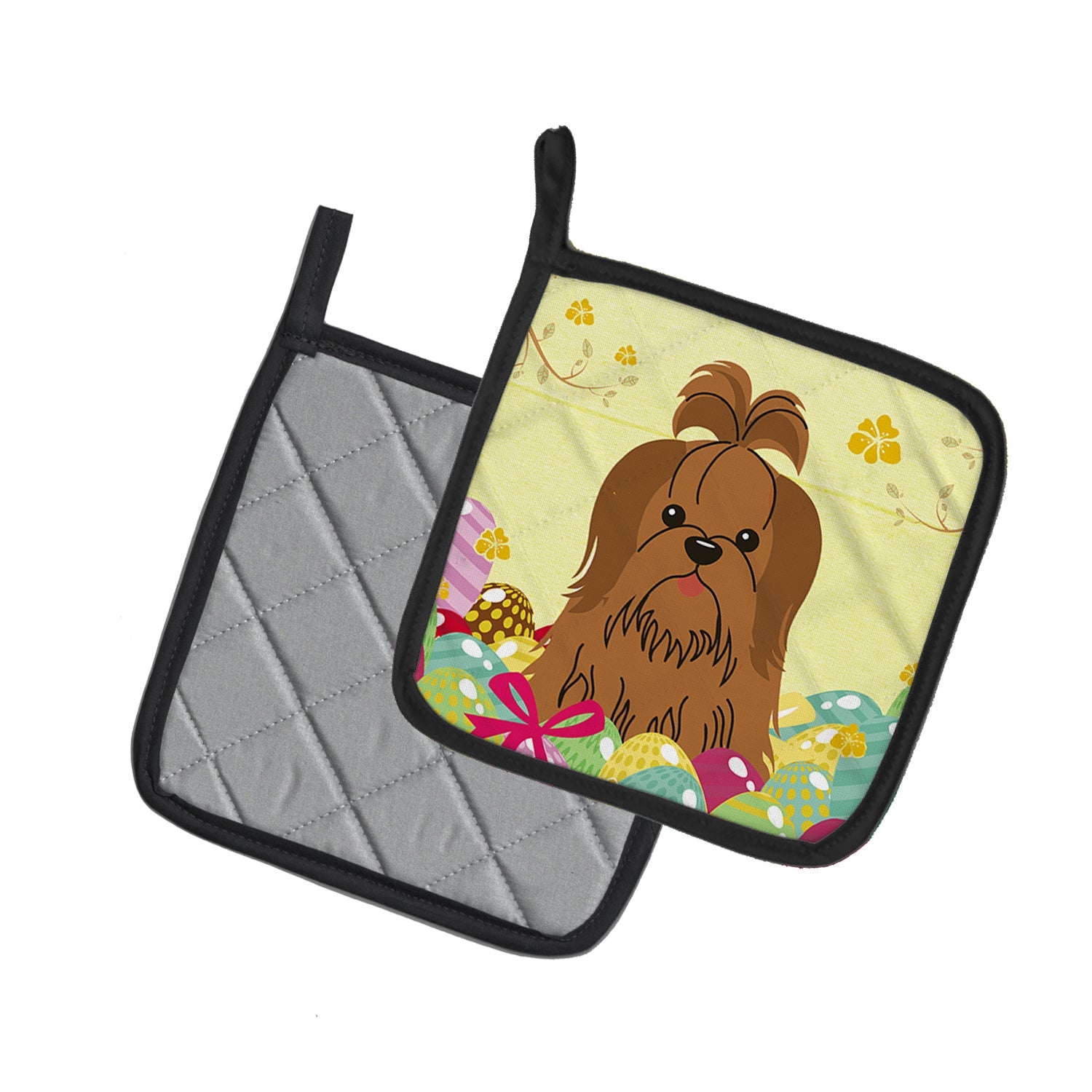 Easter Eggs Shih Tzu Silver Chocolate Pot Holder Set of 2 Heat Resistant Quilted Hot Pads 7.5 x 7.5 Inch, Insulated Kitchen Trivets for Cooking & Baking