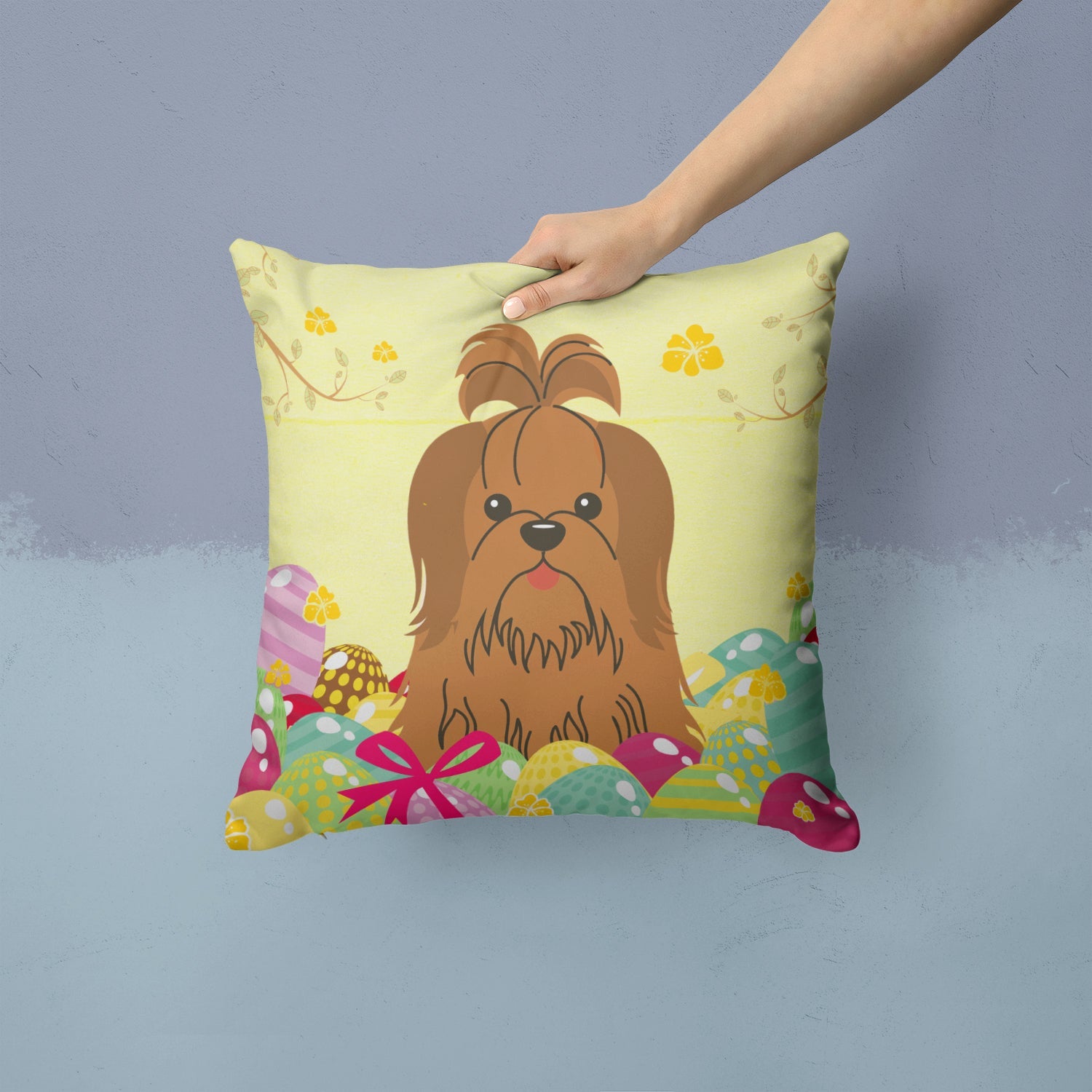 Easter Eggs Shih Tzu Silver Chocolate Decorative Throw Pillow 14x14 Indoor Outdoor Accent Cushion, Fabric Cover with Insert for Sofa, Bed, Porch & Living Room