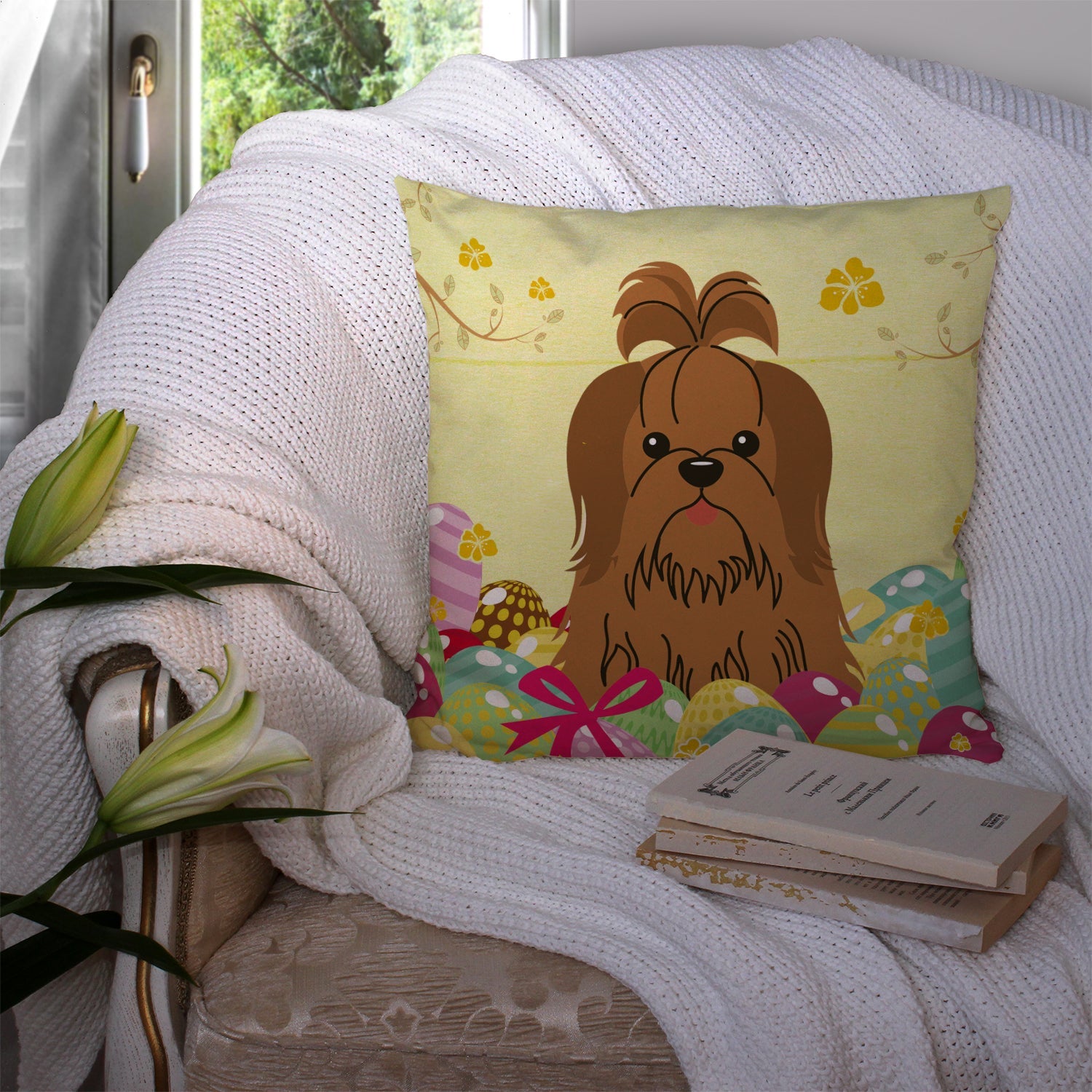 Easter Eggs Shih Tzu Silver Chocolate Decorative Throw Pillow 14x14 Indoor Outdoor Accent Cushion, Fabric Cover with Insert for Sofa, Bed, Porch & Living Room