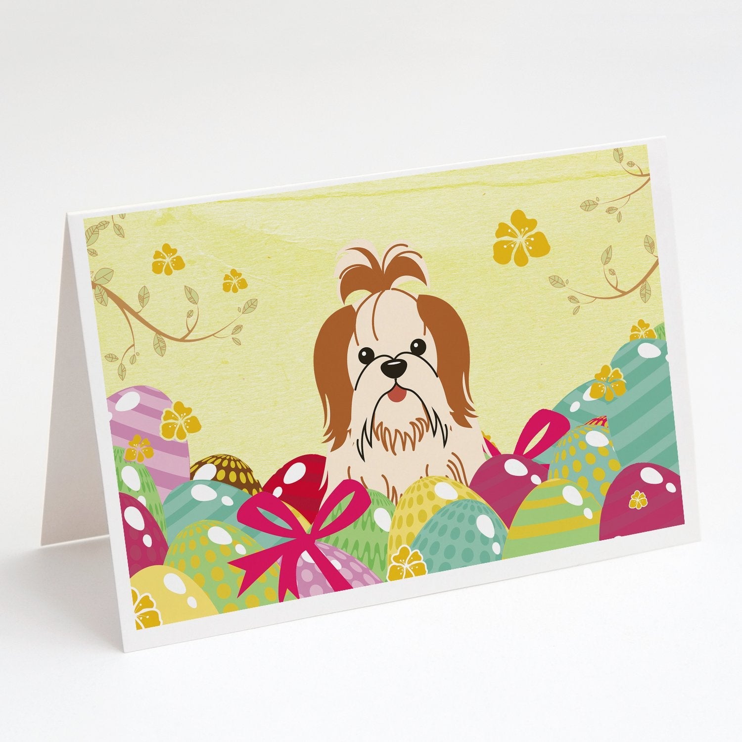 Easter Eggs Shih Tzu Red White Greeting Cards Pack of 8 Blank Cards with Envelopes Whimsical A7 Size 5x7