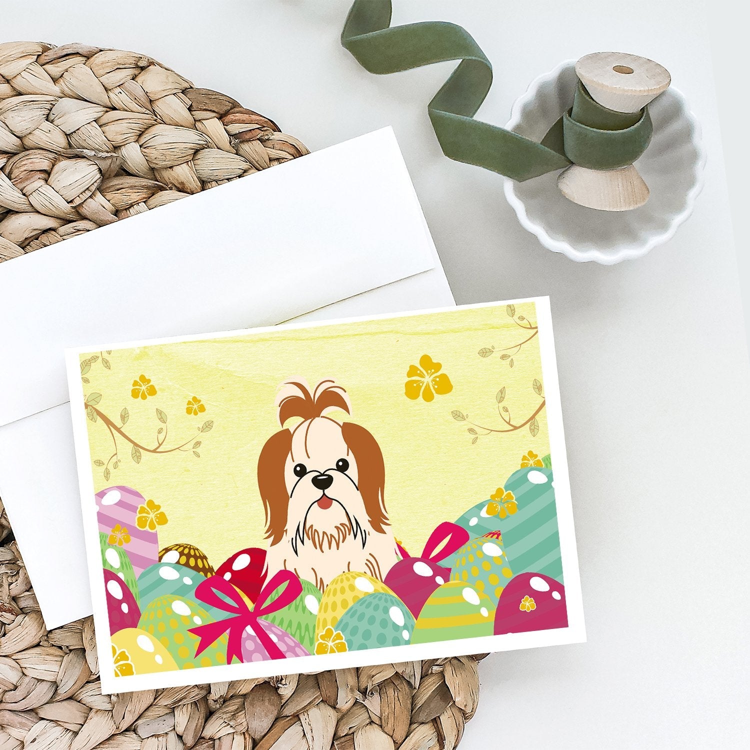 Easter Eggs Shih Tzu Red White Greeting Cards Pack of 8 Blank Cards with Envelopes Whimsical A7 Size 5x7