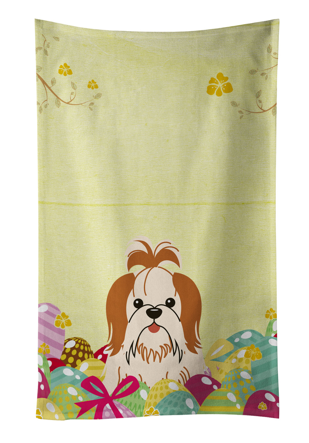 Easter Eggs Shih Tzu Red White Kitchen Towel Velour Plush Front and Cotton Loop Back Machine Washable