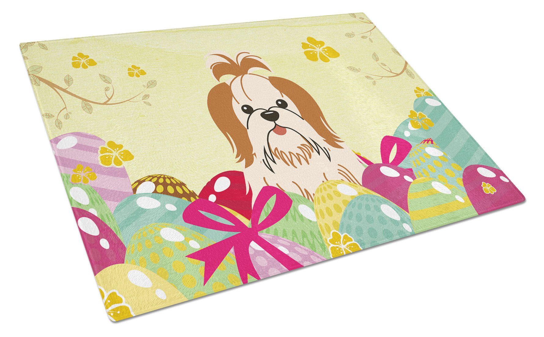 Easter Eggs Shih Tzu Red White Cutting Board Tempered Glass Kitchen Cutting Surface, Heat Resistant Chopping, Non-Slip Feet, Food Prep & Serving