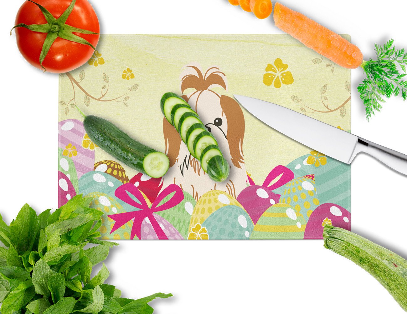 Easter Eggs Shih Tzu Red White Cutting Board Tempered Glass Kitchen Cutting Surface, Heat Resistant Chopping, Non-Slip Feet, Food Prep & Serving