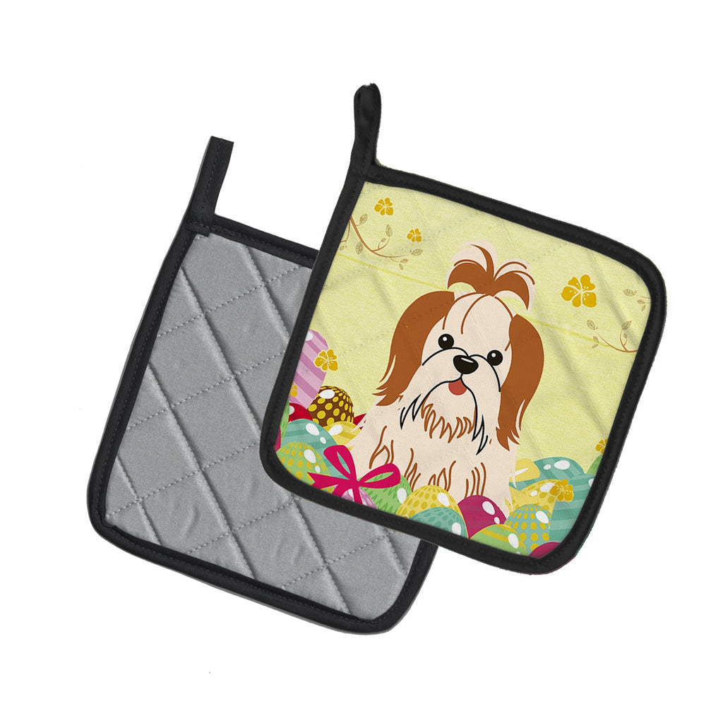Easter Eggs Shih Tzu Red White Pot Holder Set of 2 Heat Resistant Quilted Hot Pads 7.5 x 7.5 Inch, Insulated Kitchen Trivets for Cooking & Baking