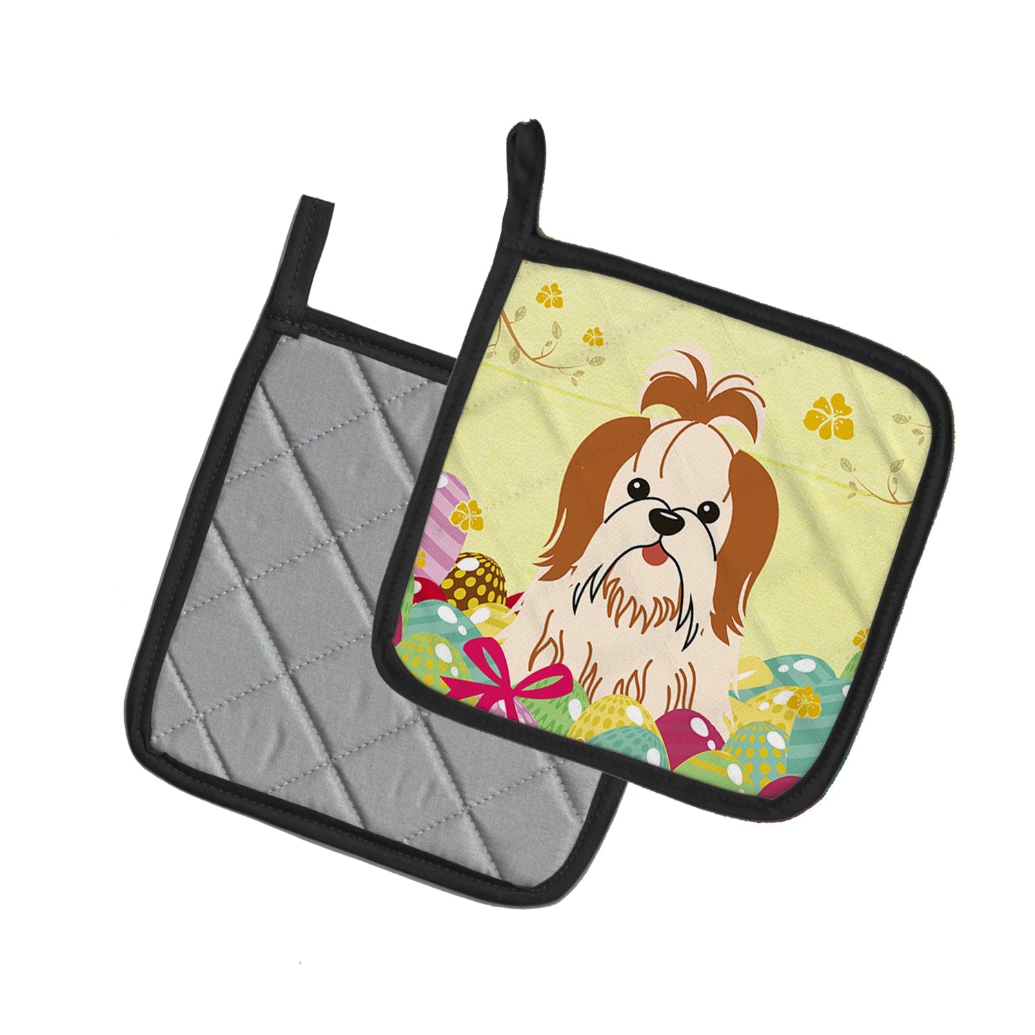 Easter Eggs Shih Tzu Red White Pot Holder Set of 2 Heat Resistant Quilted Hot Pads 7.5 x 7.5 Inch, Insulated Kitchen Trivets for Cooking & Baking