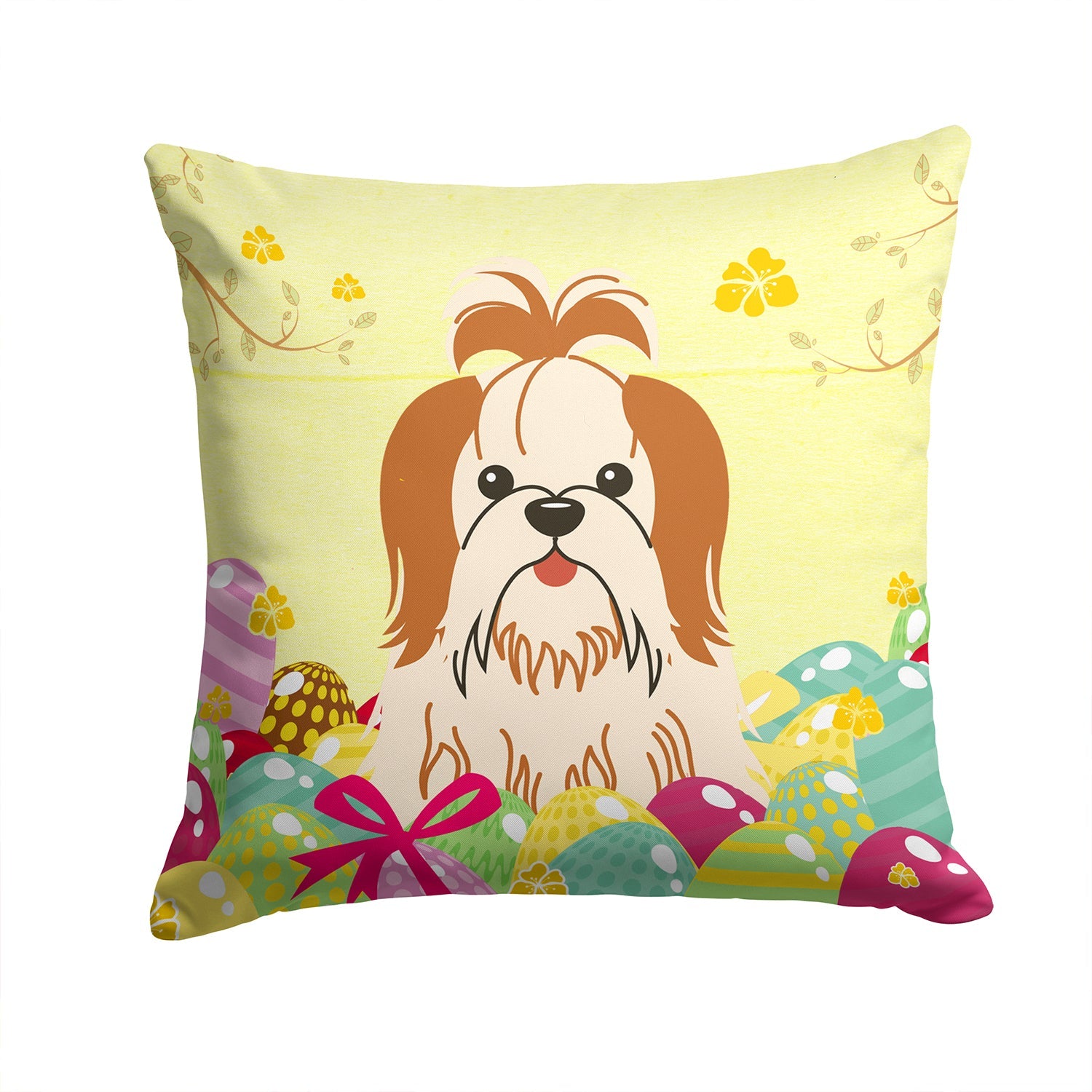 Easter Eggs Shih Tzu Red White Decorative Throw Pillow 14x14 Indoor Outdoor Accent Cushion, Fabric Cover with Insert for Sofa, Bed, Porch & Living Room