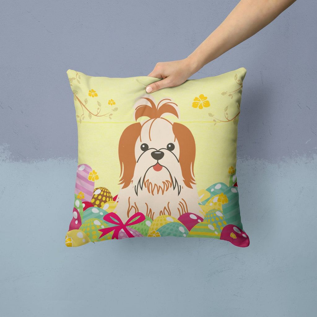 Easter Eggs Shih Tzu Red White Decorative Throw Pillow 14x14 Indoor Outdoor Accent Cushion, Fabric Cover with Insert for Sofa, Bed, Porch & Living Room