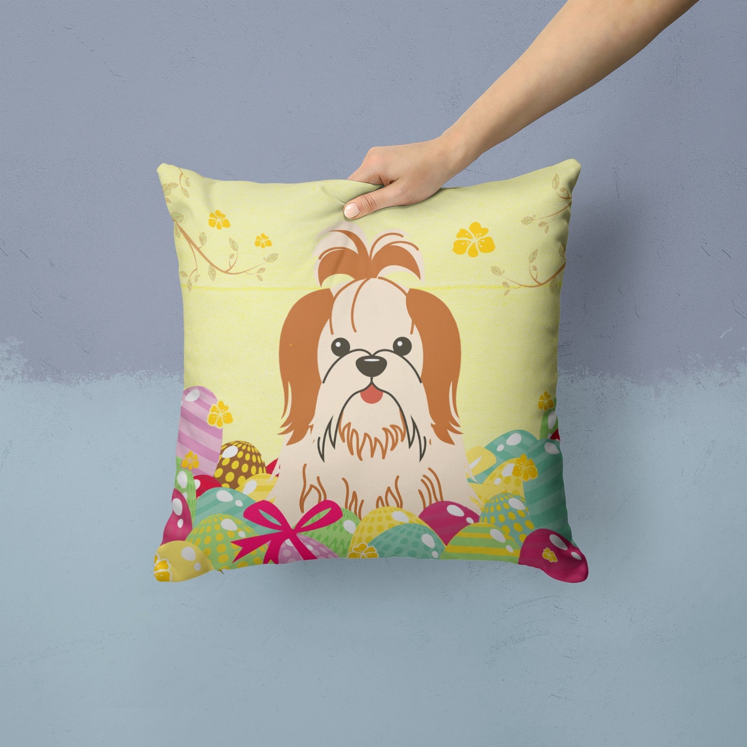 Easter Eggs Shih Tzu Red White Decorative Throw Pillow 14x14 Indoor Outdoor Accent Cushion, Fabric Cover with Insert for Sofa, Bed, Porch & Living Room