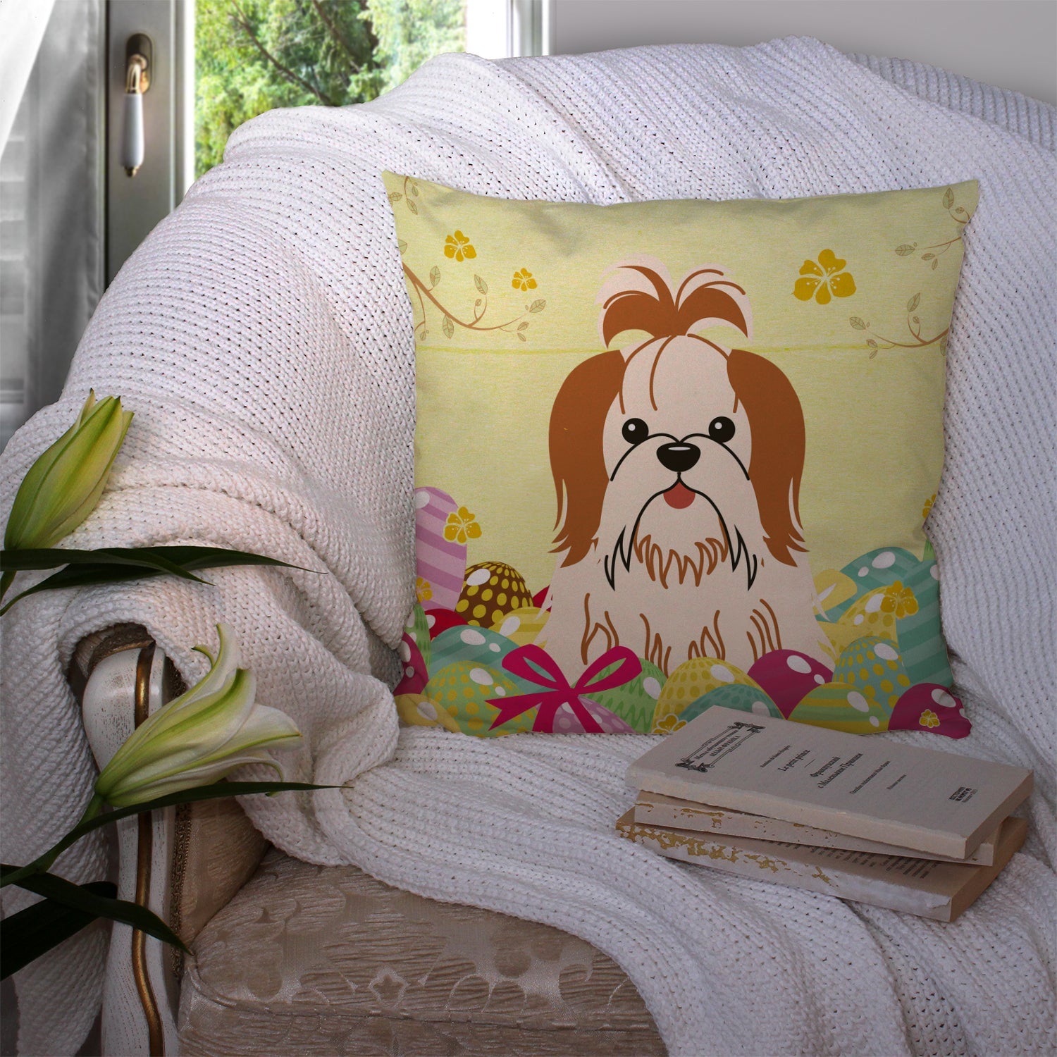 Easter Eggs Shih Tzu Red White Decorative Throw Pillow 14x14 Indoor Outdoor Accent Cushion, Fabric Cover with Insert for Sofa, Bed, Porch & Living Room