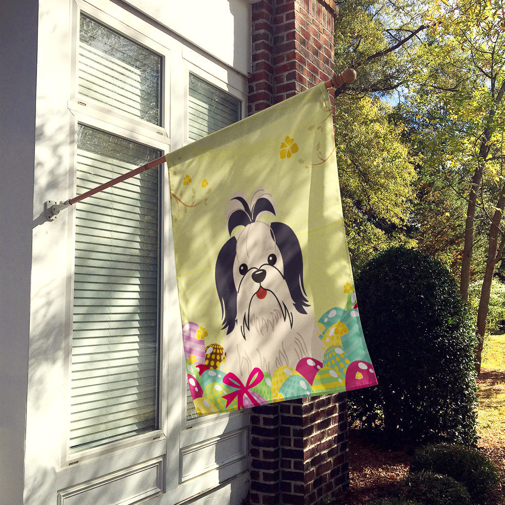 Easter Eggs Shih Tzu Black White House Flag 28x40 Porch Sleeve Pole Decorative Outside Yard Banner Artwork Wall Hanging, Polyester