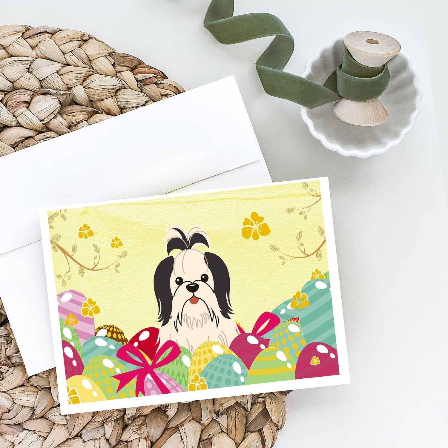 Easter Eggs Shih Tzu Black White Greeting Cards Pack of 8 Blank Cards with Envelopes Whimsical A7 Size 5x7