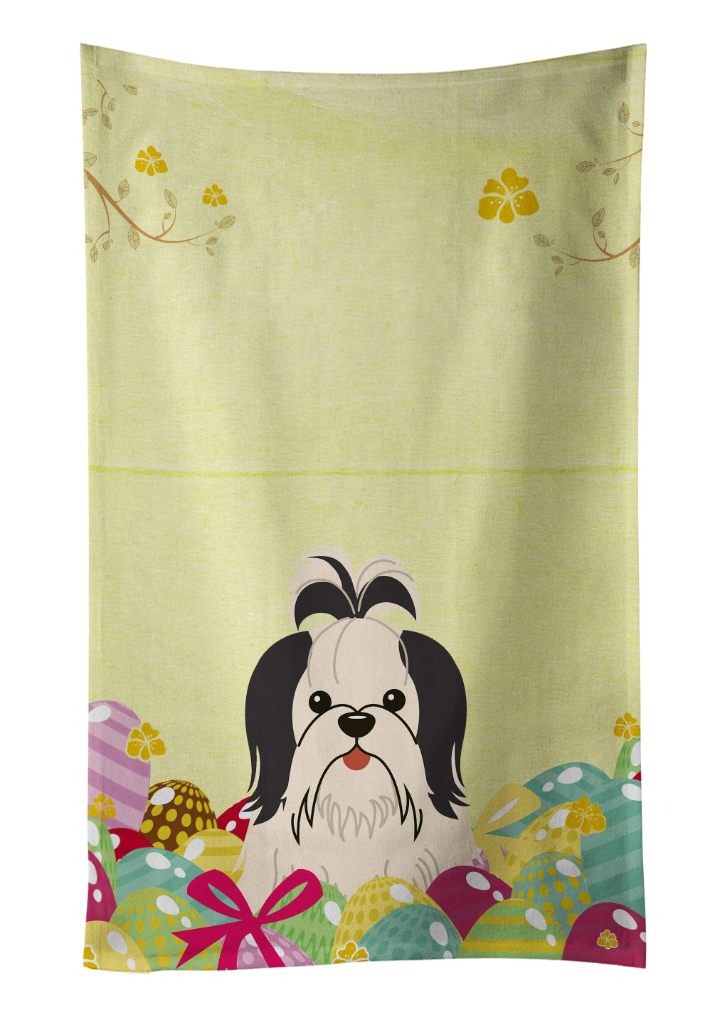 Easter Eggs Shih Tzu Black White Kitchen Towel Velour Plush Front and Cotton Loop Back Machine Washable