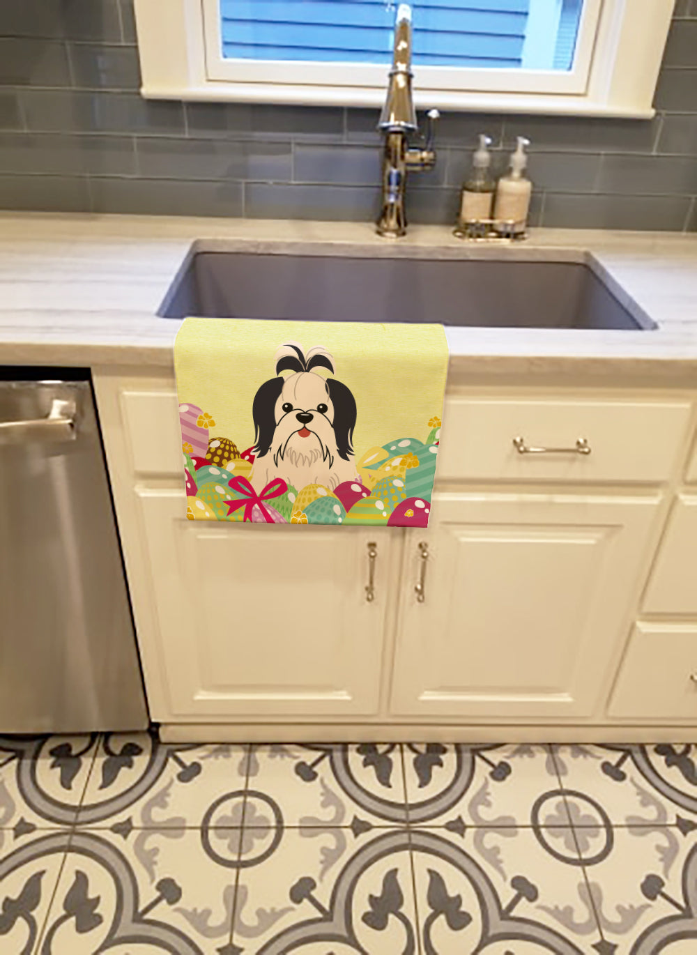 Easter Eggs Shih Tzu Black White Kitchen Towel Velour Plush Front and Cotton Loop Back Machine Washable
