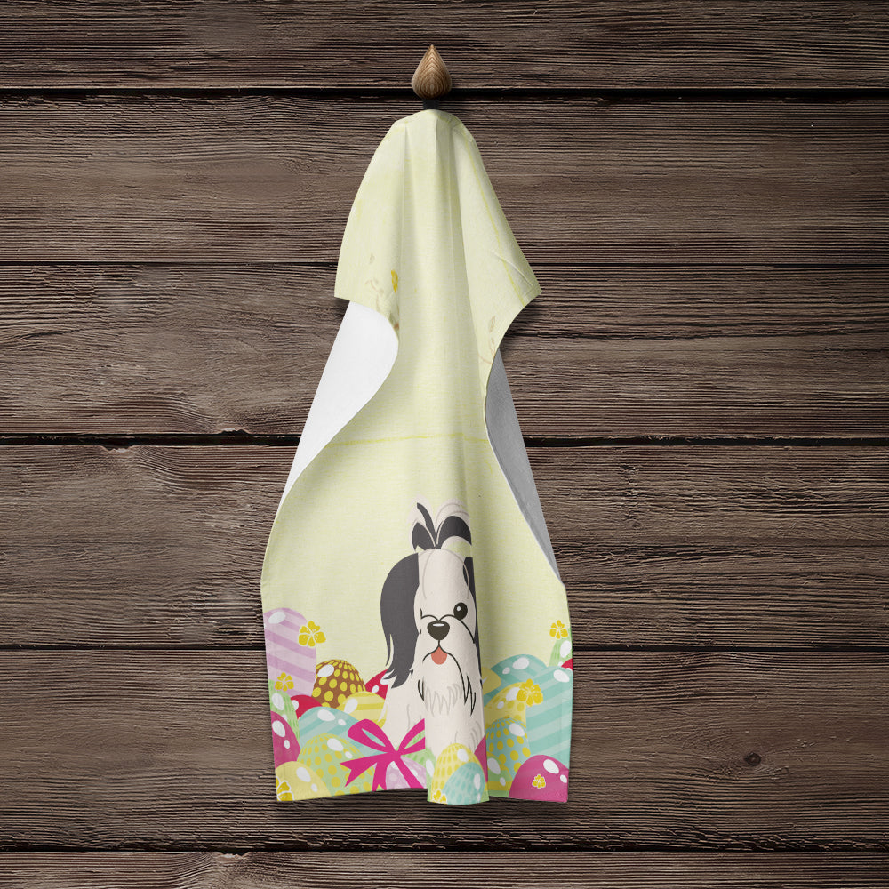 Easter Eggs Shih Tzu Black White Kitchen Towel Velour Plush Front and Cotton Loop Back Machine Washable