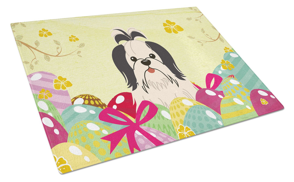 Easter Eggs Shih Tzu Black White Cutting Board Tempered Glass Kitchen Cutting Surface, Heat Resistant Chopping, Non-Slip Feet, Food Prep & Serving