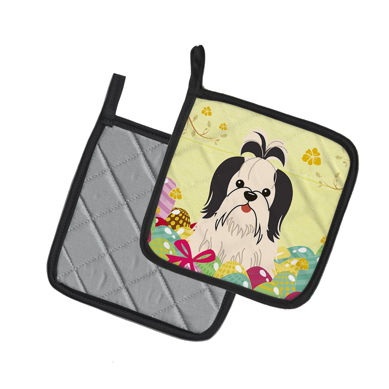 Easter Eggs Shih Tzu Black White Pot Holder Set of 2 Heat Resistant Quilted Hot Pads 7.5 x 7.5 Inch, Insulated Kitchen Trivets for Cooking & Baking