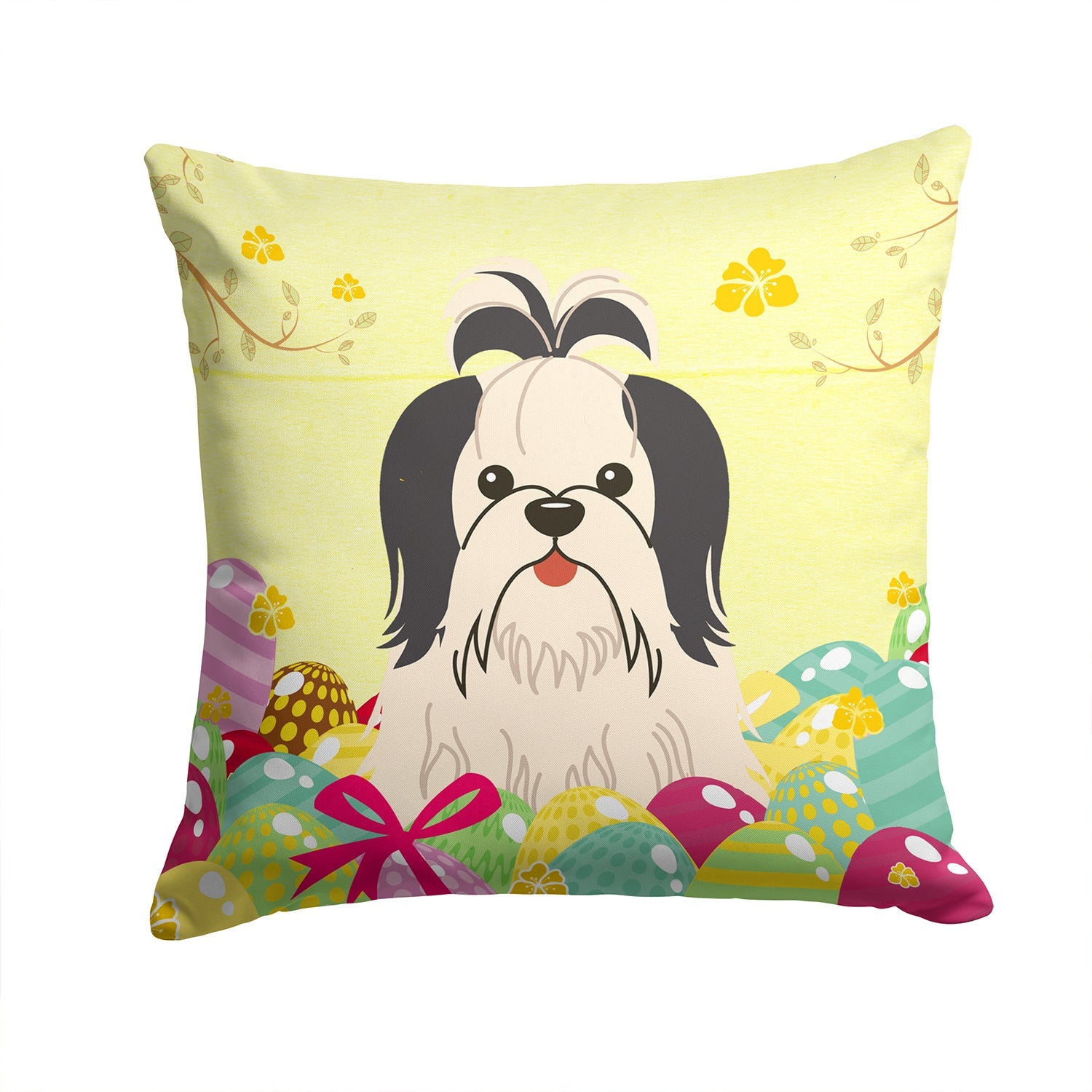 Easter Eggs Shih Tzu Black White Decorative Throw Pillow 14x14 Indoor Outdoor Accent Cushion, Fabric Cover with Insert for Sofa, Bed, Porch & Living Room