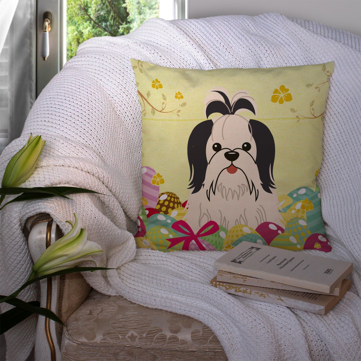 Easter Eggs Shih Tzu Black White Decorative Throw Pillow 14x14 Indoor Outdoor Accent Cushion, Fabric Cover with Insert for Sofa, Bed, Porch & Living Room