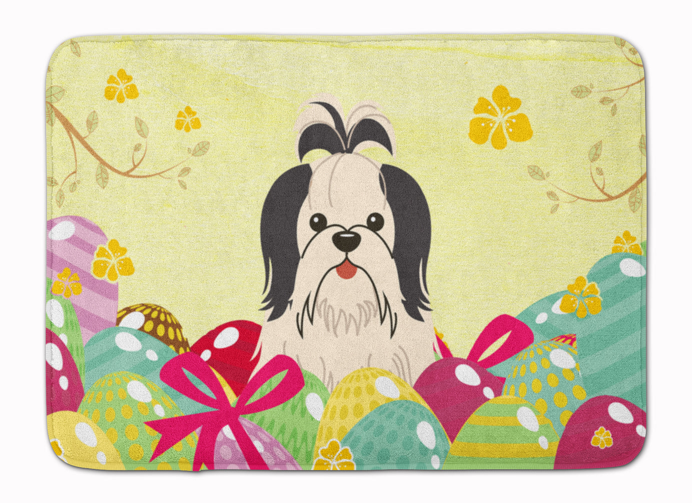 Easter Eggs Shih Tzu Black White Memory Foam Kitchen Mat Machine Washable Anti-Fatigue Cushion Comfort Bath or Kitchen Rug