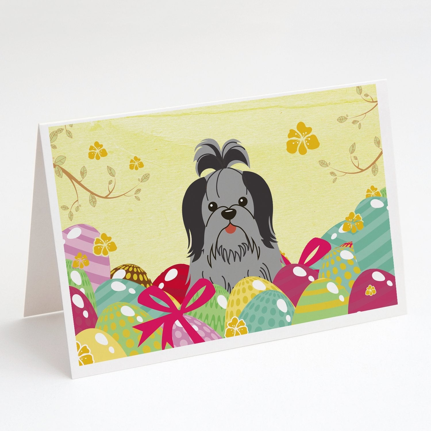 Easter Eggs Shih Tzu Black Silver Greeting Cards Pack of 8 Blank Cards with Envelopes Whimsical A7 Size 5x7