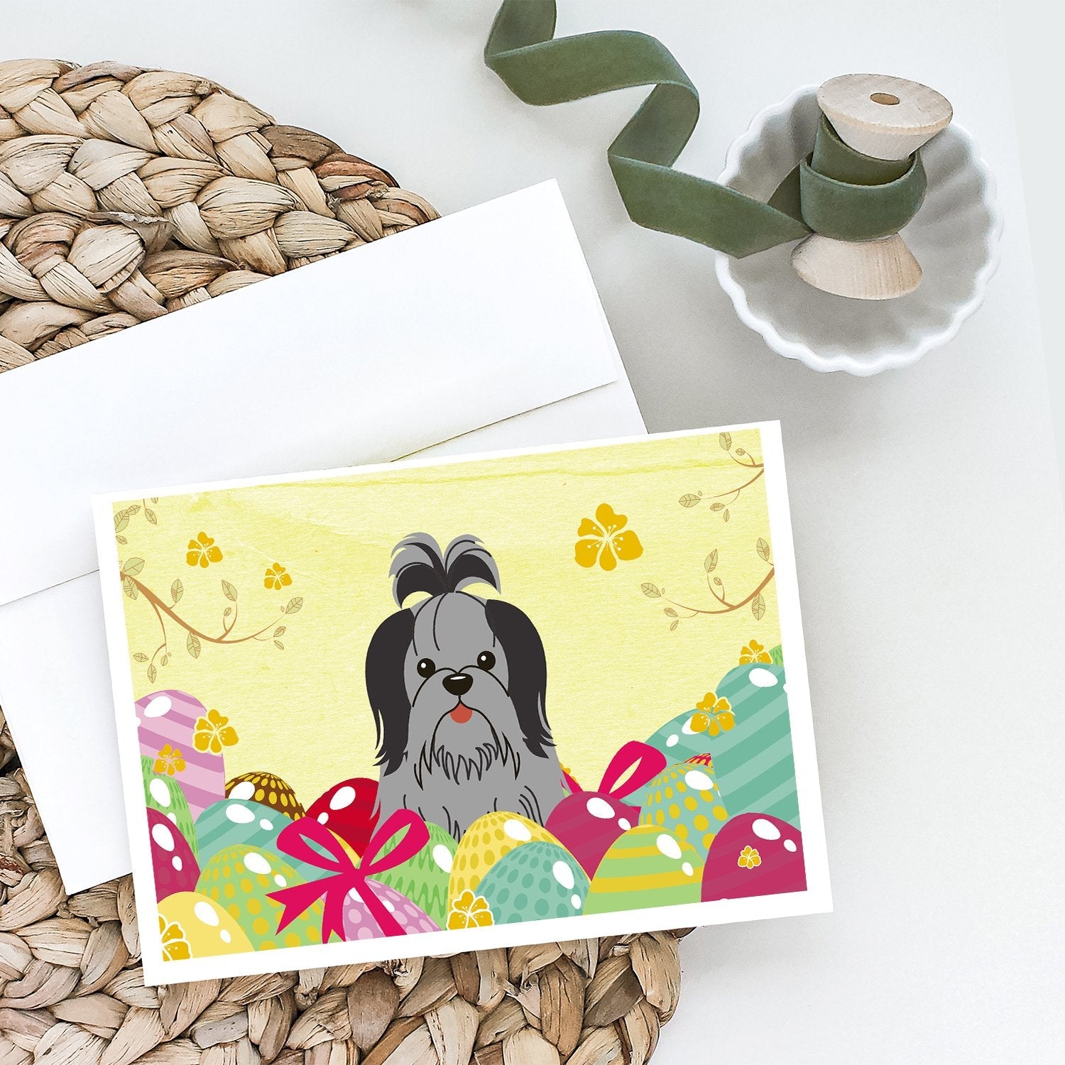 Easter Eggs Shih Tzu Black Silver Greeting Cards Pack of 8 Blank Cards with Envelopes Whimsical A7 Size 5x7