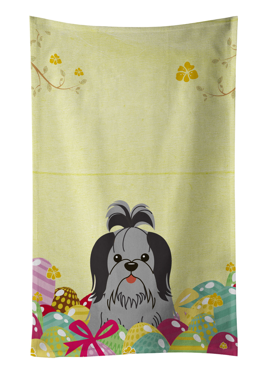 Easter Eggs Shih Tzu Black Silver Kitchen Towel Velour Plush Front and Cotton Loop Back Machine Washable
