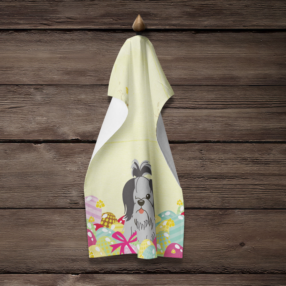 Easter Eggs Shih Tzu Black Silver Kitchen Towel Velour Plush Front and Cotton Loop Back Machine Washable