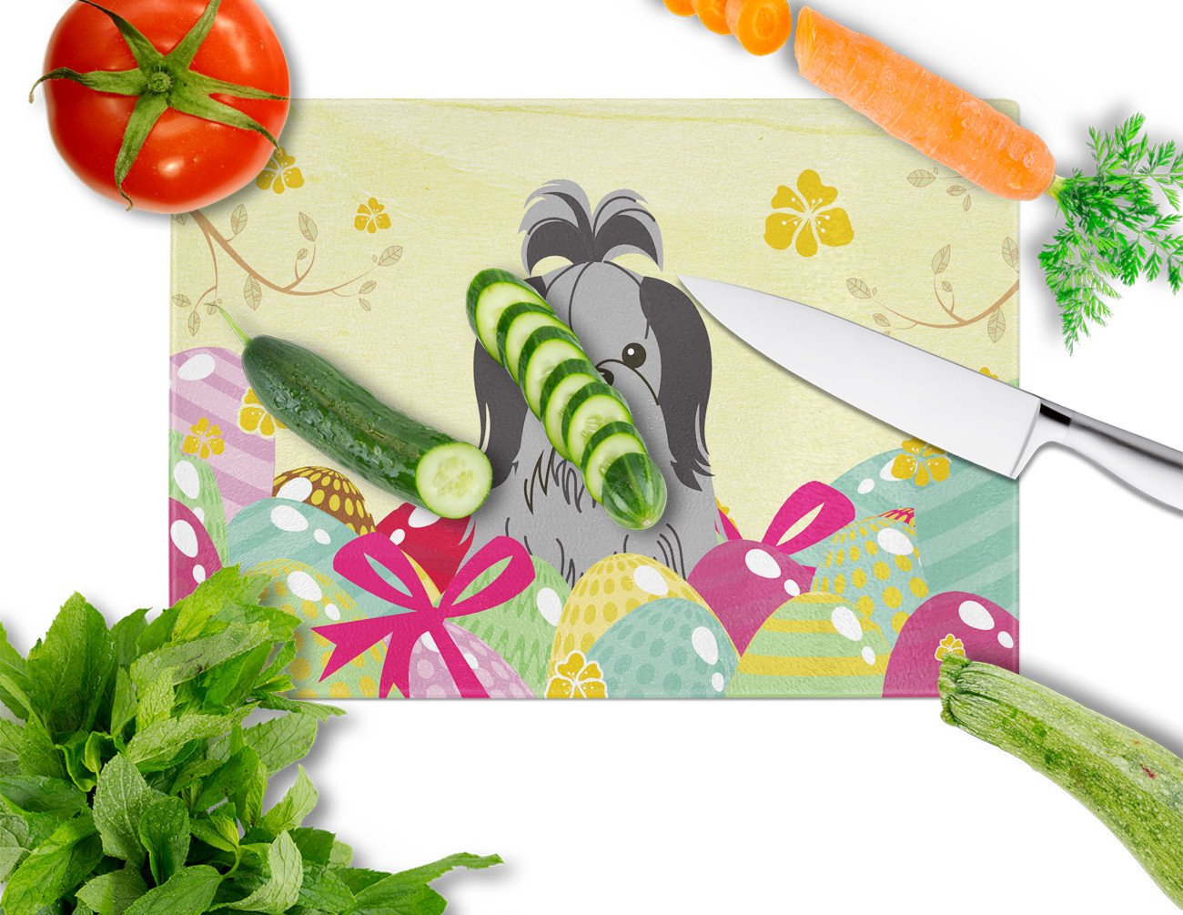 Easter Eggs Shih Tzu Black Silver Cutting Board Tempered Glass Kitchen Cutting Surface, Heat Resistant Chopping, Non-Slip Feet, Food Prep & Serving
