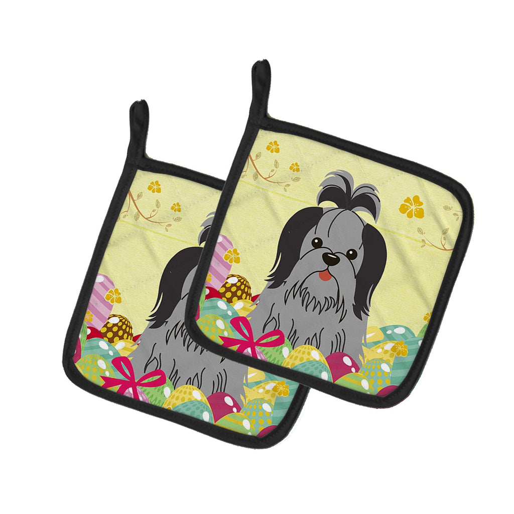 Easter Eggs Shih Tzu Black Silver Pot Holder Set of 2 Heat Resistant Quilted Hot Pads 7.5 x 7.5 Inch, Insulated Kitchen Trivets for Cooking & Baking