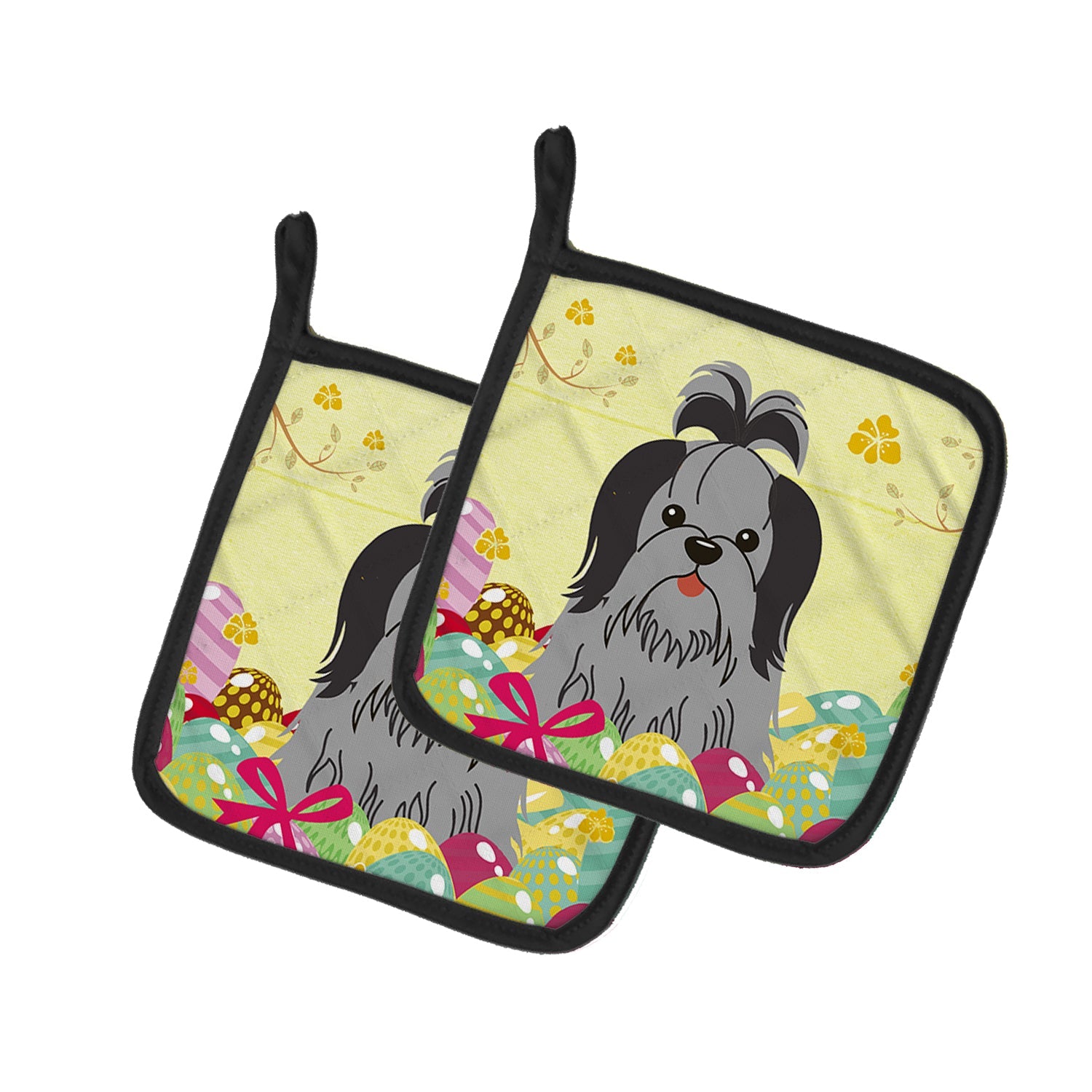 Easter Eggs Shih Tzu Black Silver Pot Holder Set of 2 Heat Resistant Quilted Hot Pads 7.5 x 7.5 Inch, Insulated Kitchen Trivets for Cooking & Baking