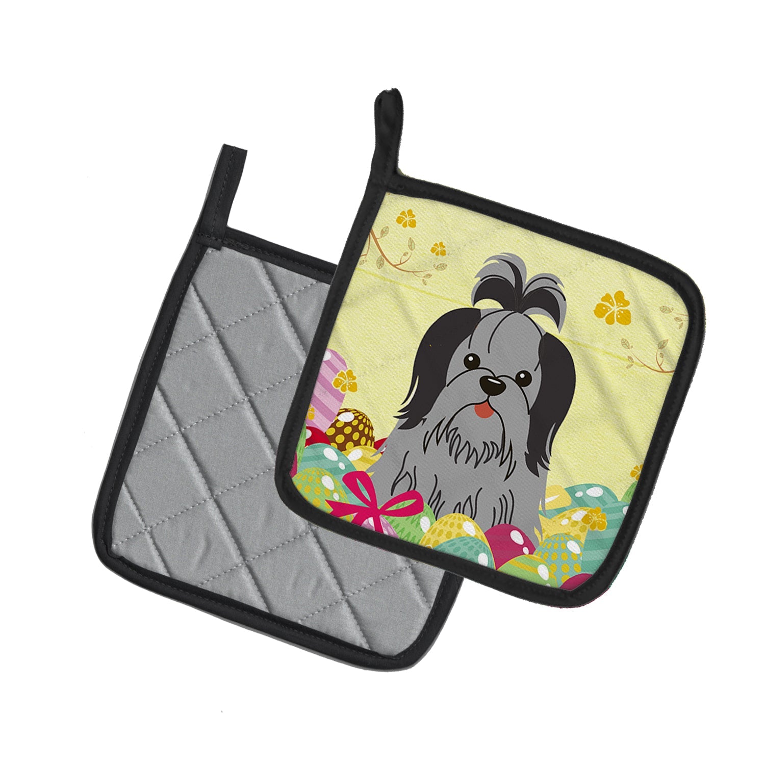 Easter Eggs Shih Tzu Black Silver Pot Holder Set of 2 Heat Resistant Quilted Hot Pads 7.5 x 7.5 Inch, Insulated Kitchen Trivets for Cooking & Baking