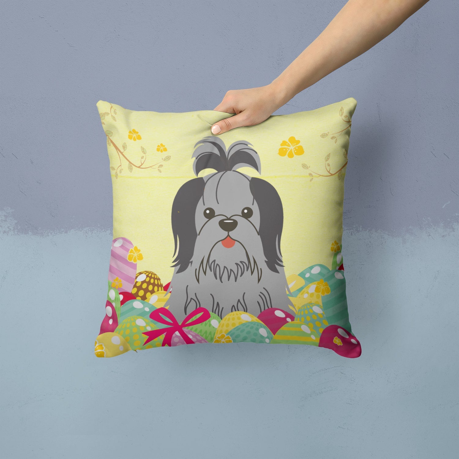 Easter Eggs Shih Tzu Black Silver Decorative Throw Pillow 14x14 Indoor Outdoor Accent Cushion, Fabric Cover with Insert for Sofa, Bed, Porch & Living Room